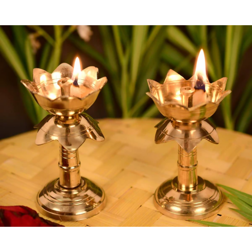 CraftVatika Brass Lotus Shape Pillar Diya Oil Lamp Stand Showpiece | Grocsy