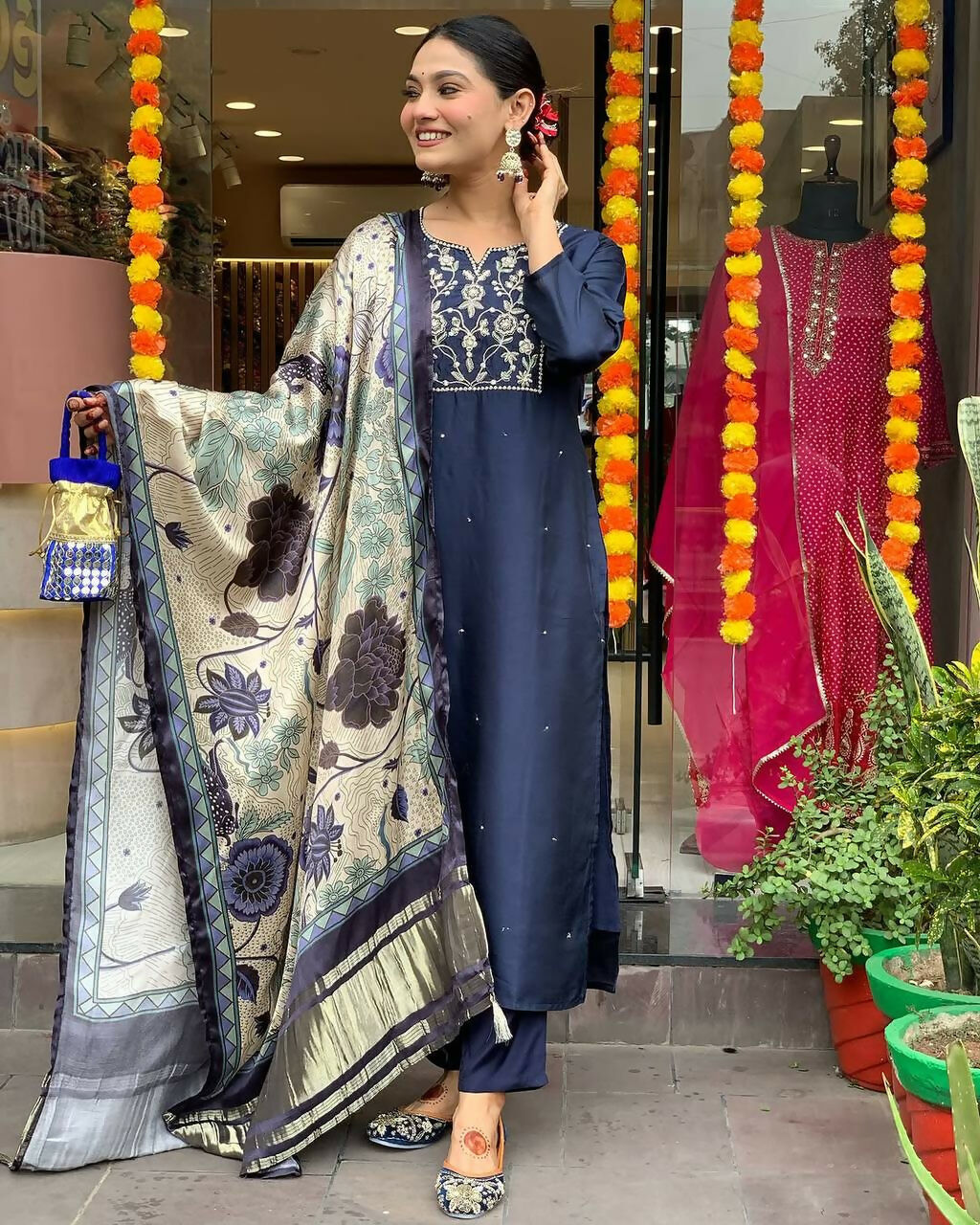 The52 Navy Blue Women's Beautiful Viscose Chanderi Fabric Embroidered Work Straight Kurta Pant and Dupatta Set | Grocsy