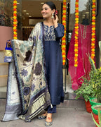The52 Navy Blue Women's Beautiful Viscose Chanderi Fabric Embroidered Work Straight Kurta Pant and Dupatta Set | Grocsy