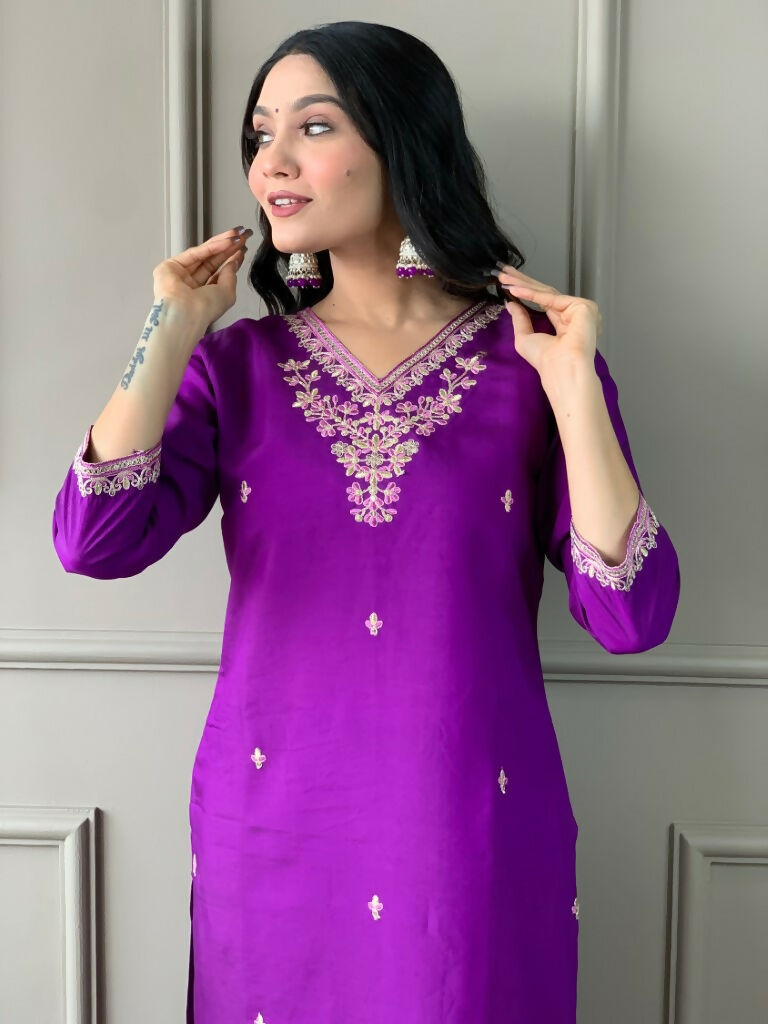 Partywear Designer Viscose Chanderi Wine Stitched Suit With Dupatta - Tanisha | Grocsy