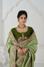 Kesar Fab Mehendi Color With Multi-Thread And Sequins Embroidery For Wedding Saree | Grocsy
