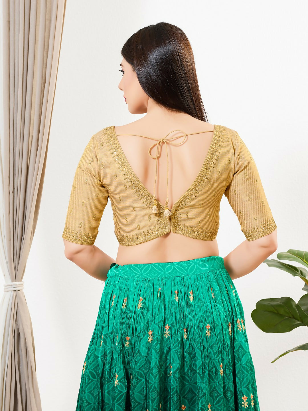 Joban Fashion Gold Tissue Padded Blouse With Sweetheart Neck Elbow Sleeves | Grocsy