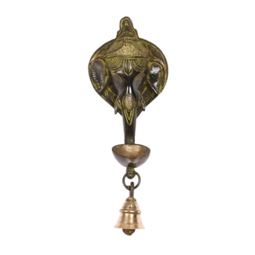 CraftVatika Brass Elephant Face Oil Lamp Diya With Bell Wall Hanging Showpiece | Grocsy