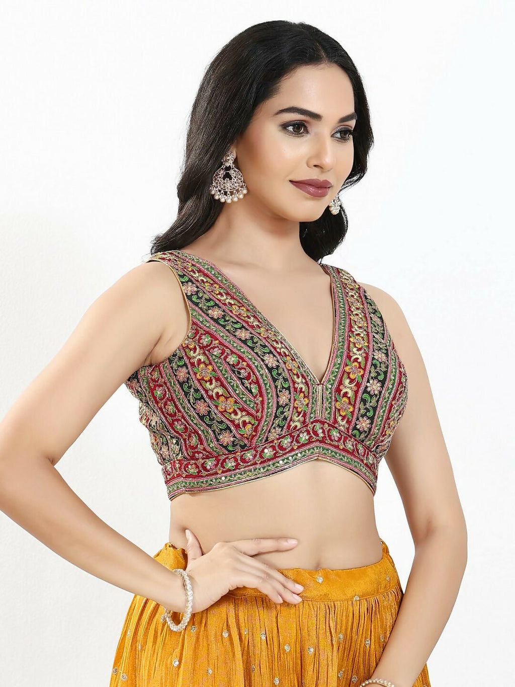 Joban Fashion Maroon Multi Georgette Padded Blouse With V Neck Sleeveless | Grocsy