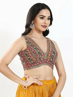 Joban Fashion Maroon Multi Georgette Padded Blouse With V Neck Sleeveless | Grocsy