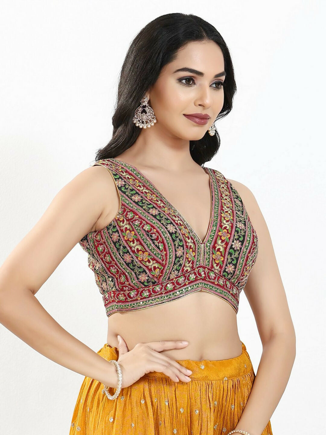 Joban Fashion Maroon Multi Georgette Padded Blouse With V Neck Sleeveless | Grocsy