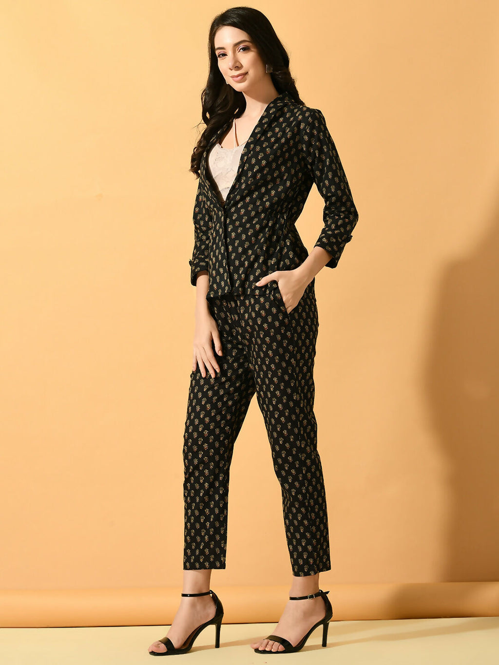 Myshka Women's Black Printed Coat With Trousers | Grocsy