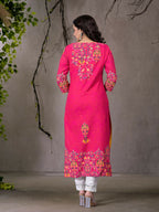 Juniper Women's Pink Thread Embroidered Liva Rayon Kurta With Sequins & Beads | Grocsy