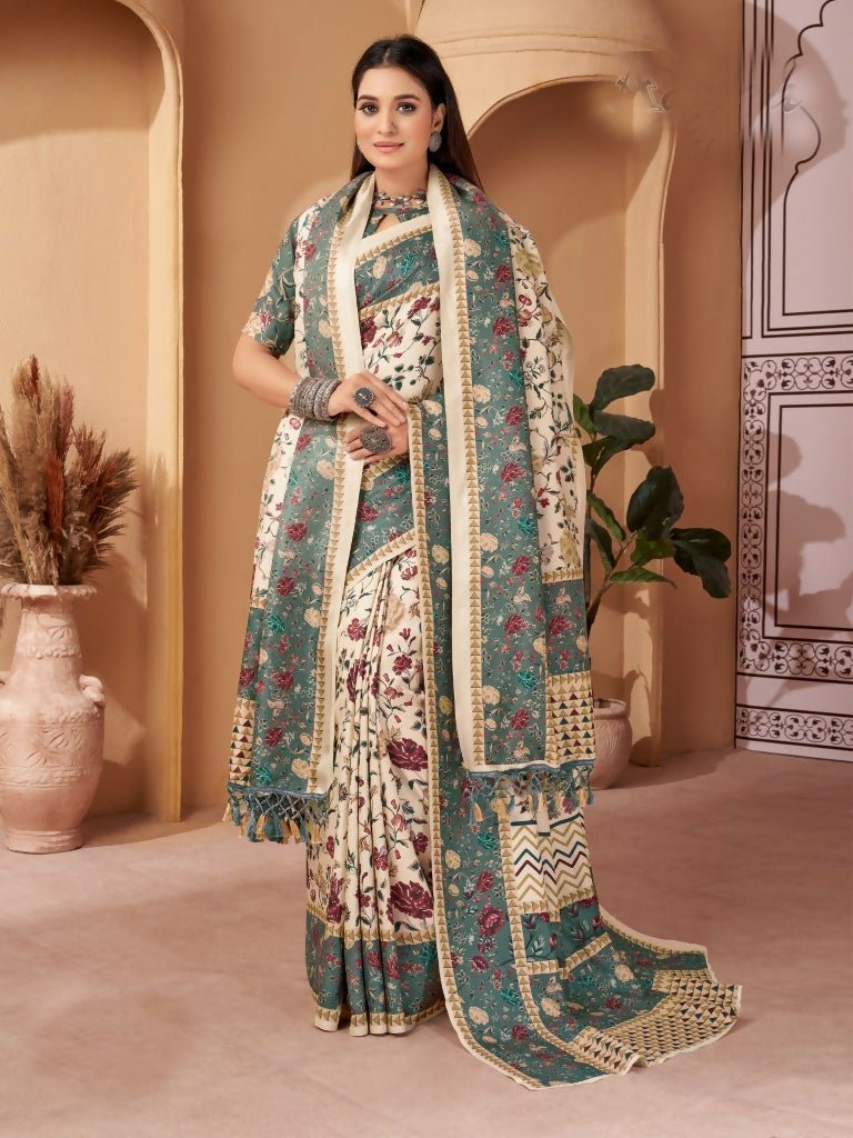 Aayaa Designer Winter Collection Printed Saree With Shawl - Multi Color | Grocsy