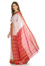 Vamika Sambalpuri Ikat Cotton Dehabandha Badafula White & Light Red Saree | Grocsy