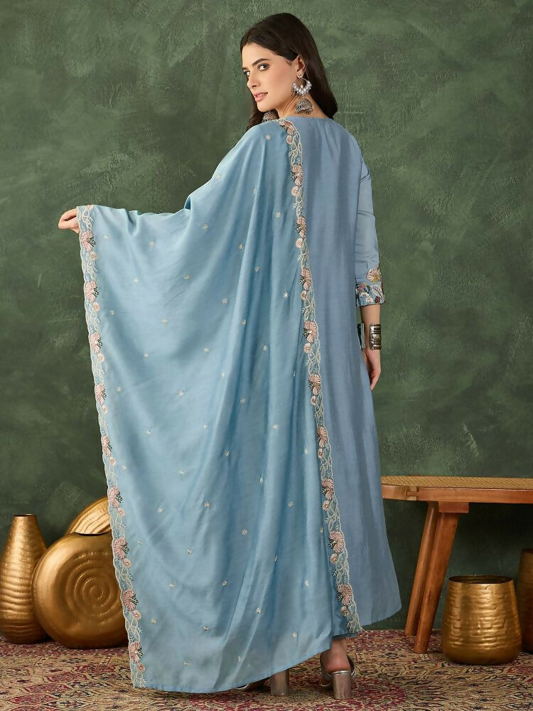 The52 Women's Beautiful Embroidery Work Silk Fabric Flared Kurta Pant and Dupatta Set | Grocsy