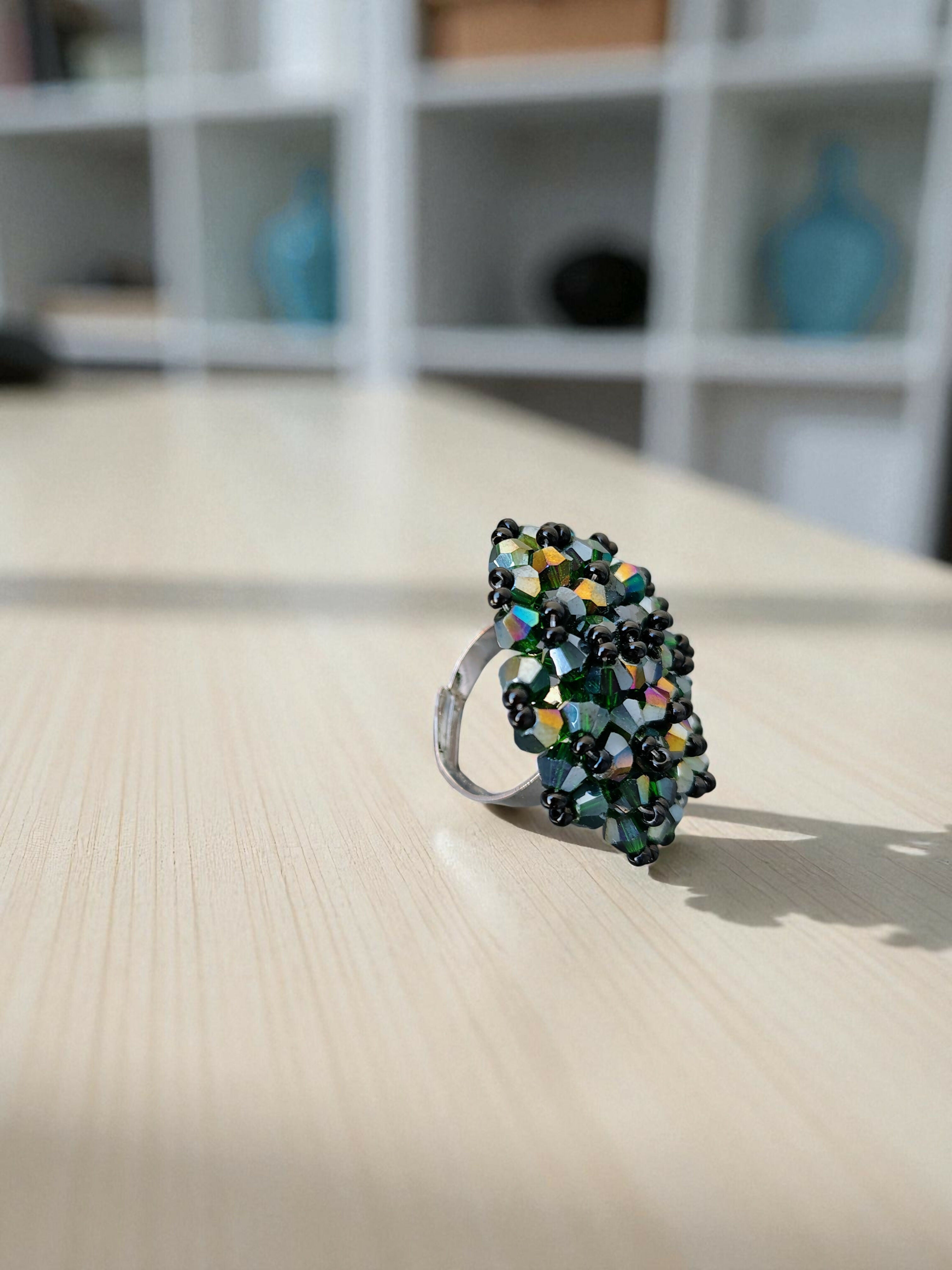 Inhanns Rang-E-Roshan Adjustable Ring – Handmade Crystal Statement Ring - Green Mix | Grocsy