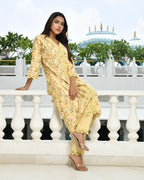 Vaasva Women's Yellow Cotton Printed Kurta Pant Set | Grocsy