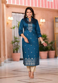 Juniper Women's Teal Ethnic Motif Printed Cotton Kurta & Pant Set | Grocsy