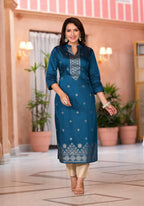 Juniper Women's Teal Ethnic Motif Printed Cotton Kurta & Pant Set | Grocsy