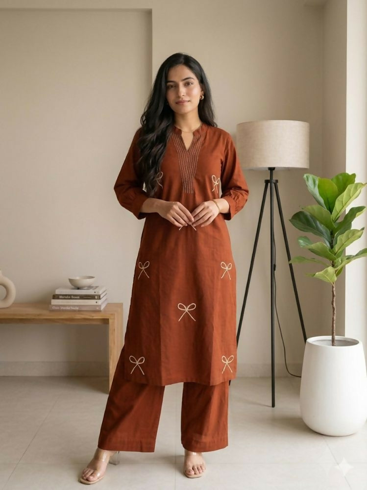 Teeya Creation Women New Trendy Rust Orange Embroidered Cotton Kurta with Palazzos | Grocsy