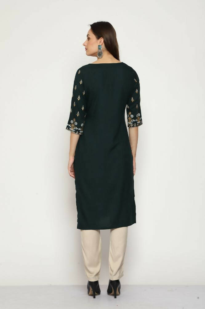 Maai Rayon Hand Printed Kurta Green | Grocsy