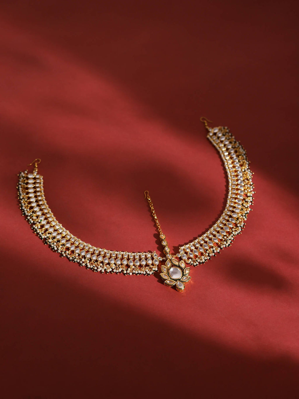 Gold-Polished Green White Kundan-Studded Beaded Matha Patti - Ruby Raang | Grocsy