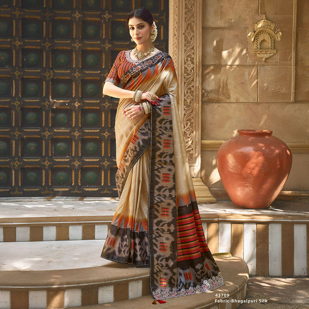 Beige Bhagalpuri Silk Pure Gota Work Saree With Unstitched Blouse - Norita Gajri | Grocsy