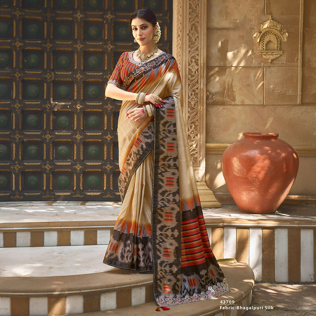 Beige Bhagalpuri Silk Pure Gota Work Saree With Unstitched Blouse - Norita Gajri | Grocsy