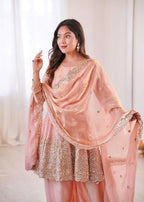 Teeya Creation Light Peach Color Fendy Satin Silk Embroidery Work Party Wear Salwar Suit | Grocsy
