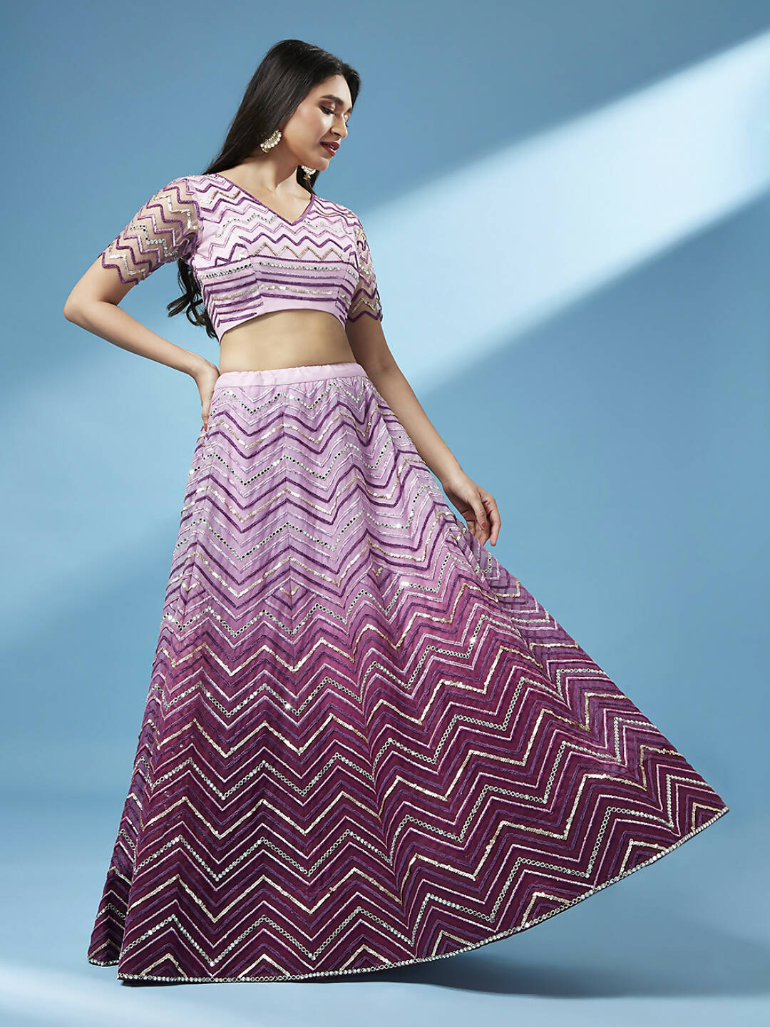 House of Panchhi Women Lavender Net Zig-Zag Embroideried Lehenga, Blouse & Dupatta | Grocsy