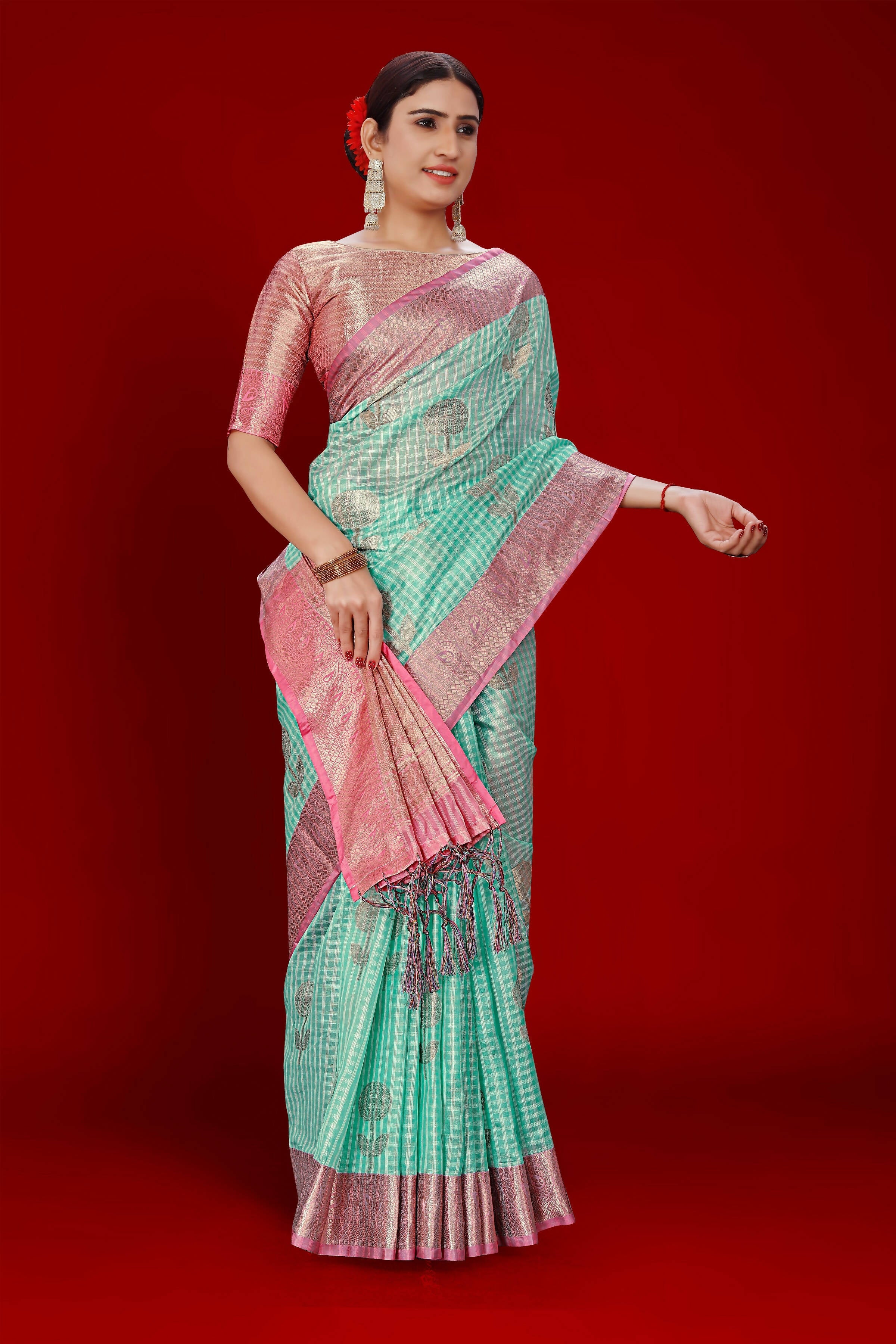 Sky Blue Soft Organza Woven Design Saree With Unstitched Blouse Piece - Zaara | Grocsy