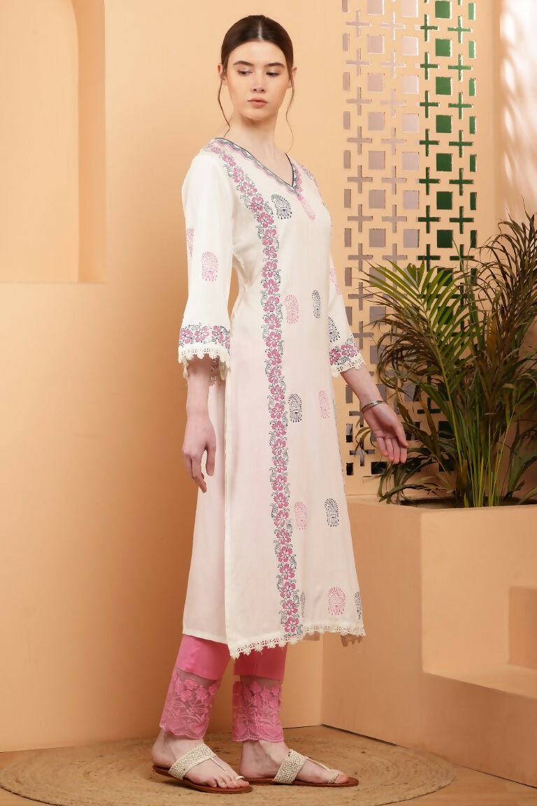 Cheera Women Stylish Hand Block Printed Cotton Blend Flared Kurta - Off White | Grocsy
