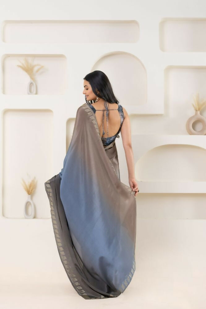 Grey Satin Pedding Designer, Printed Party Wear Ready To Wear Saree - Femina | Grocsy