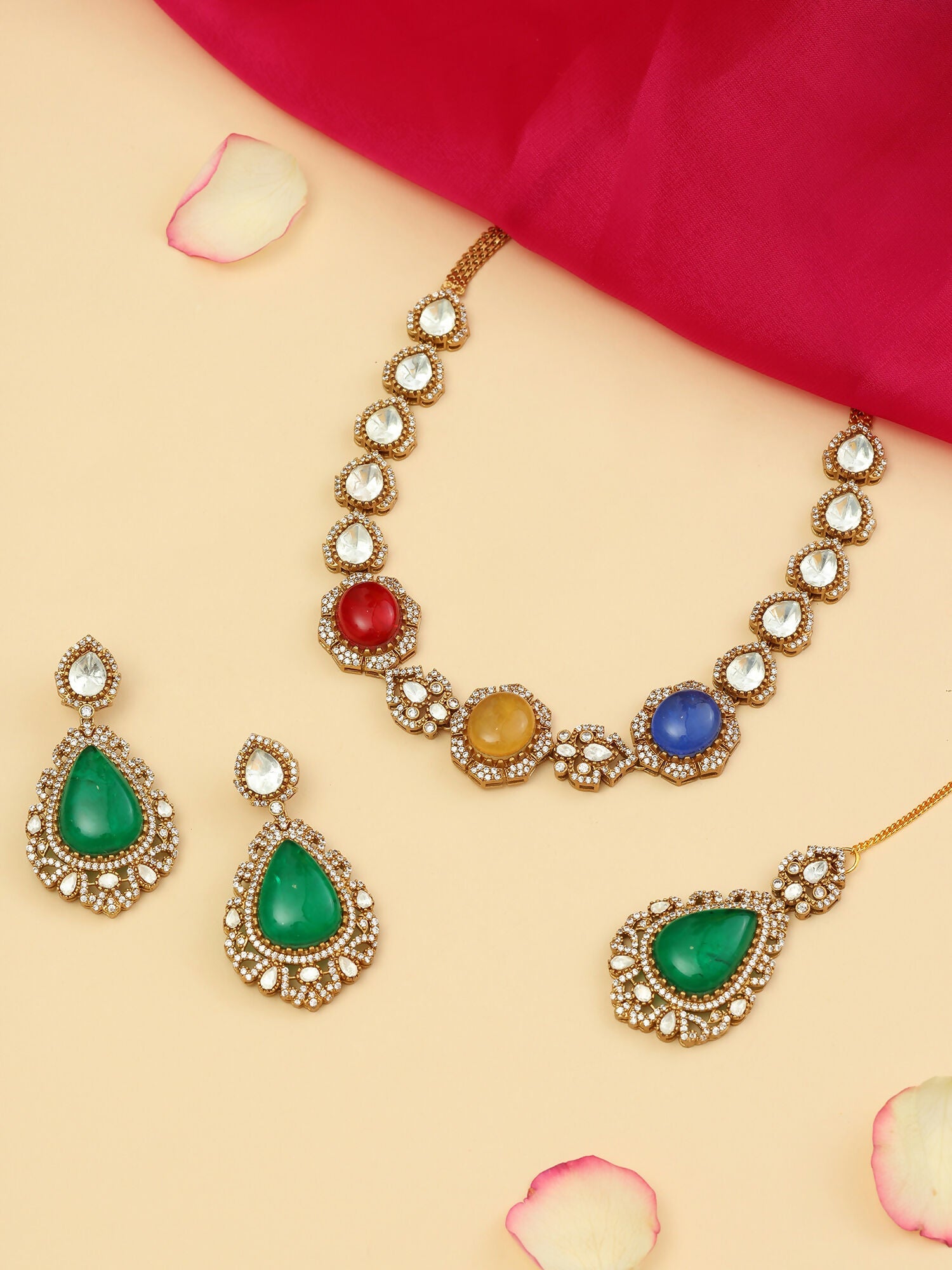 Ruby Raang 22k Gold Polished Stonework Kundan Necklace With Earrings And Maang Tikka | Grocsy