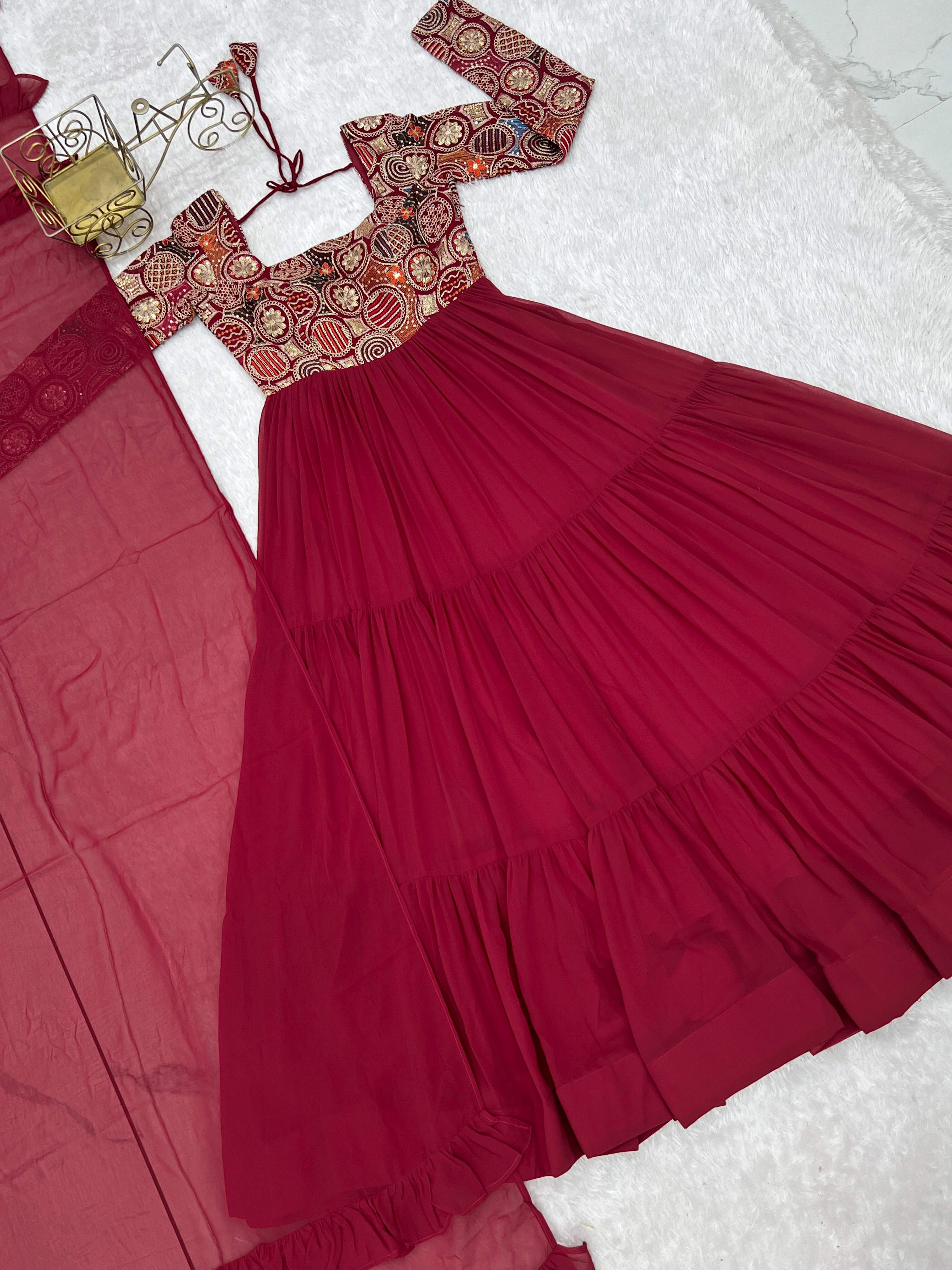 Evanik Women Maroon Festive Wear Embroidered Anarkali Kurta with Dupatta | Grocsy