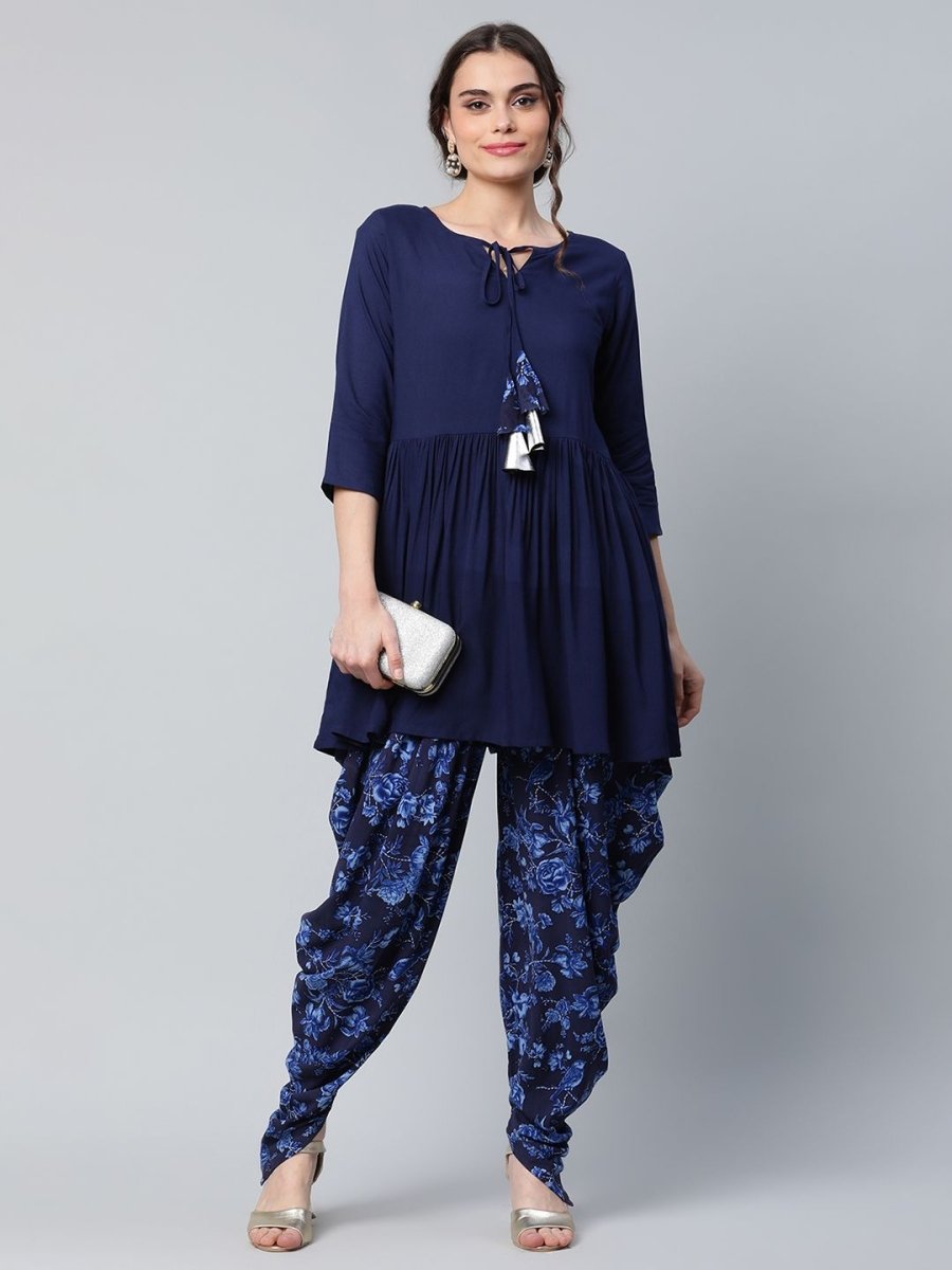 Ahalyaa Women Navy Blue Rayon Floral Empire Kurti with Dhoti Pants | Grocsy