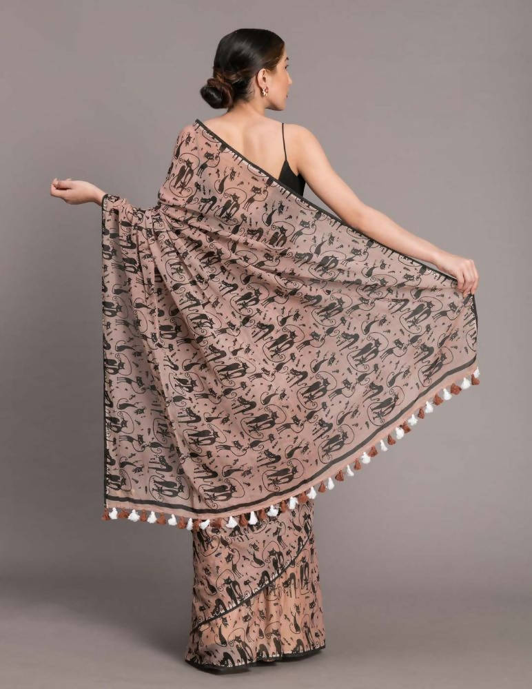 Suta Beige Black Pure Mul Cotton Printed Saree | Grocsy