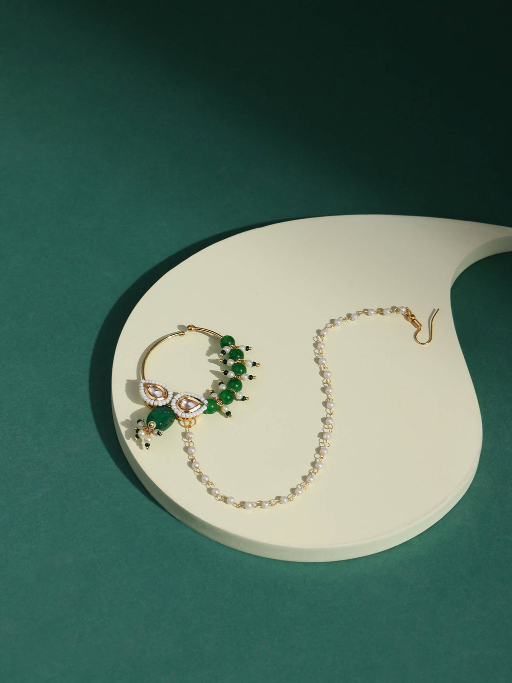 Gold-Polished White Green Kundan Studded Beaded Chain Nose Pin - Ruby Raang | Grocsy