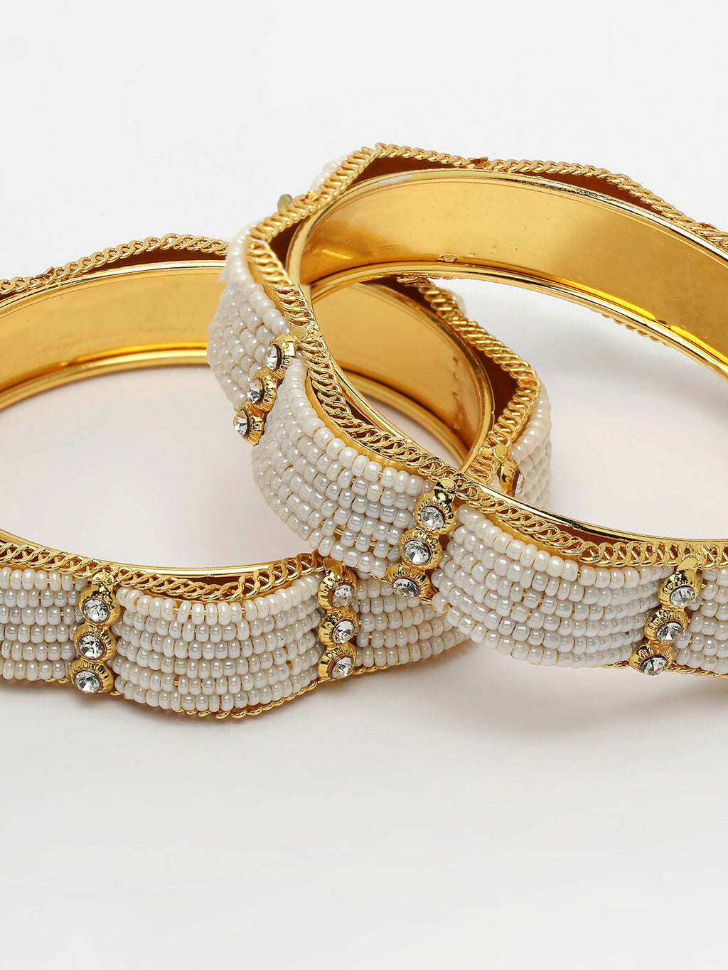 NVR Women's Set of 2 Gold-Polished Pearl Handcrafted Traditional Bangles