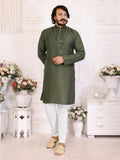 Anaita Mehndi Silk Straight Kurta With Neck Mirror Work | Grocsy