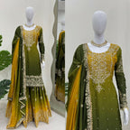 The52 Women's Beautiful Chinon silk Fabric Embroidery Work Straight Kurta Palazzo and Dupatta Set | Grocsy