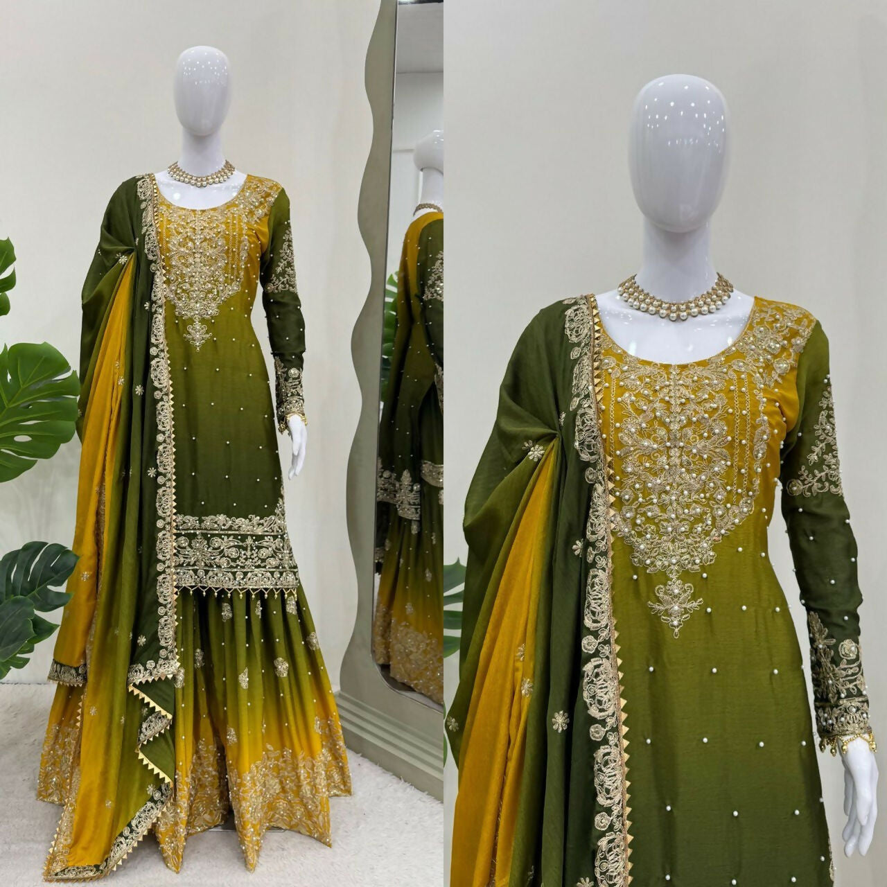 The52 Women's Beautiful Chinon silk Fabric Embroidery Work Straight Kurta Palazzo and Dupatta Set | Grocsy