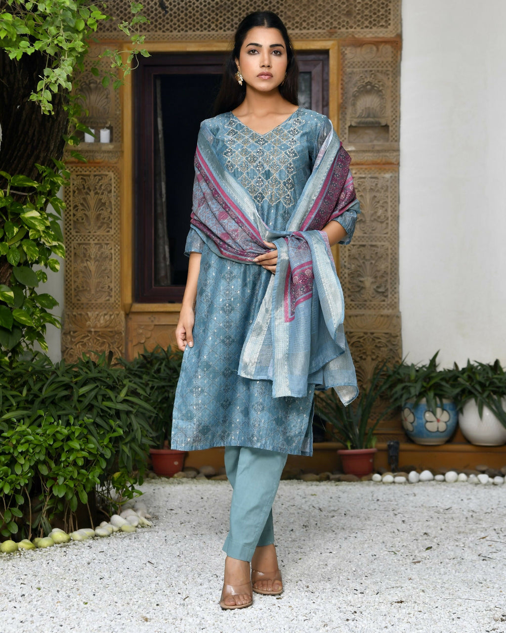 Vaasva Women's Chanderi Printed Suit Set With Pant And Printed Dupatta | Grocsy