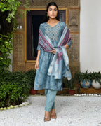 Vaasva Women's Chanderi Printed Suit Set With Pant And Printed Dupatta | Grocsy