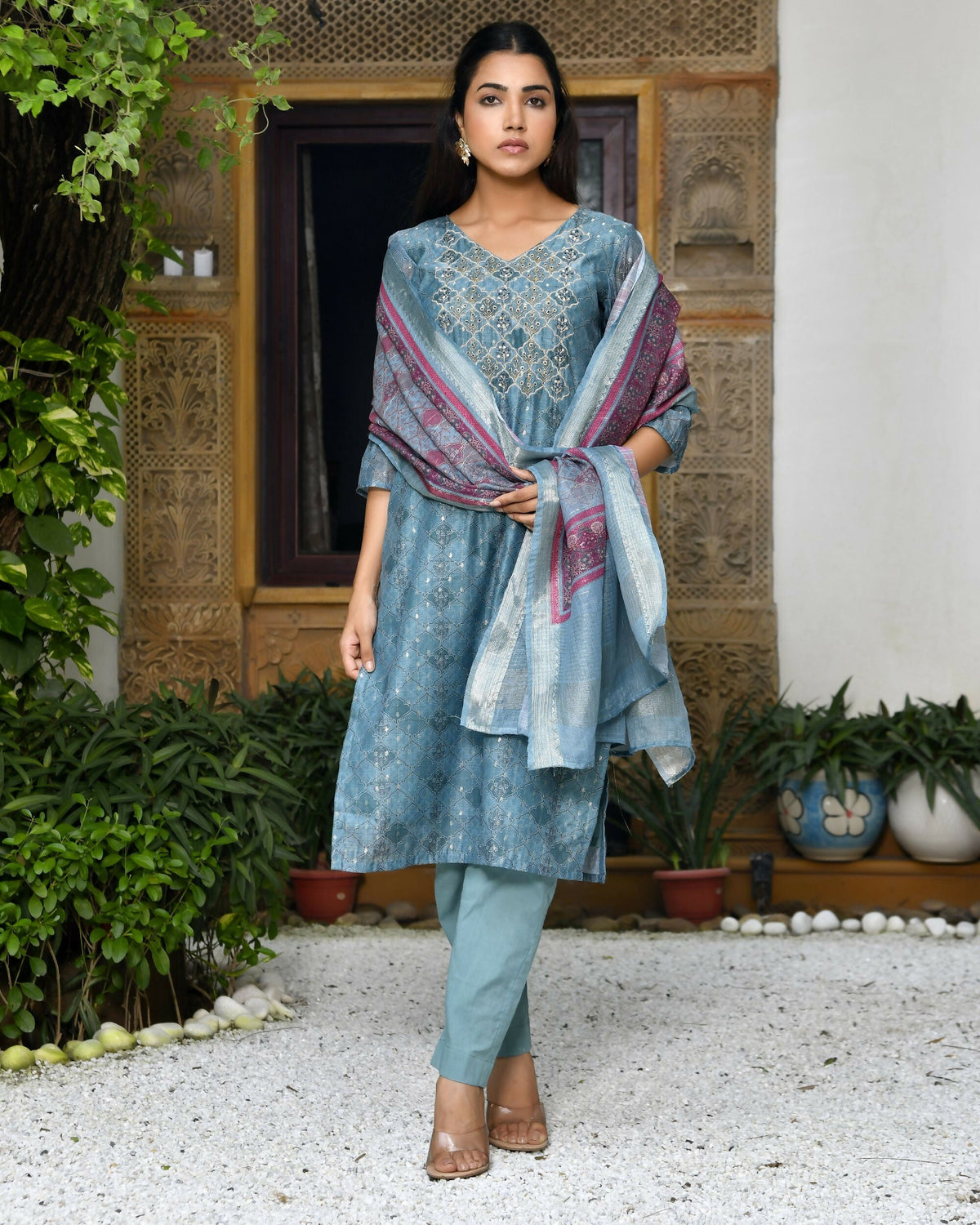 Vaasva Women's Chanderi Printed Suit Set With Pant And Printed Dupatta | Grocsy