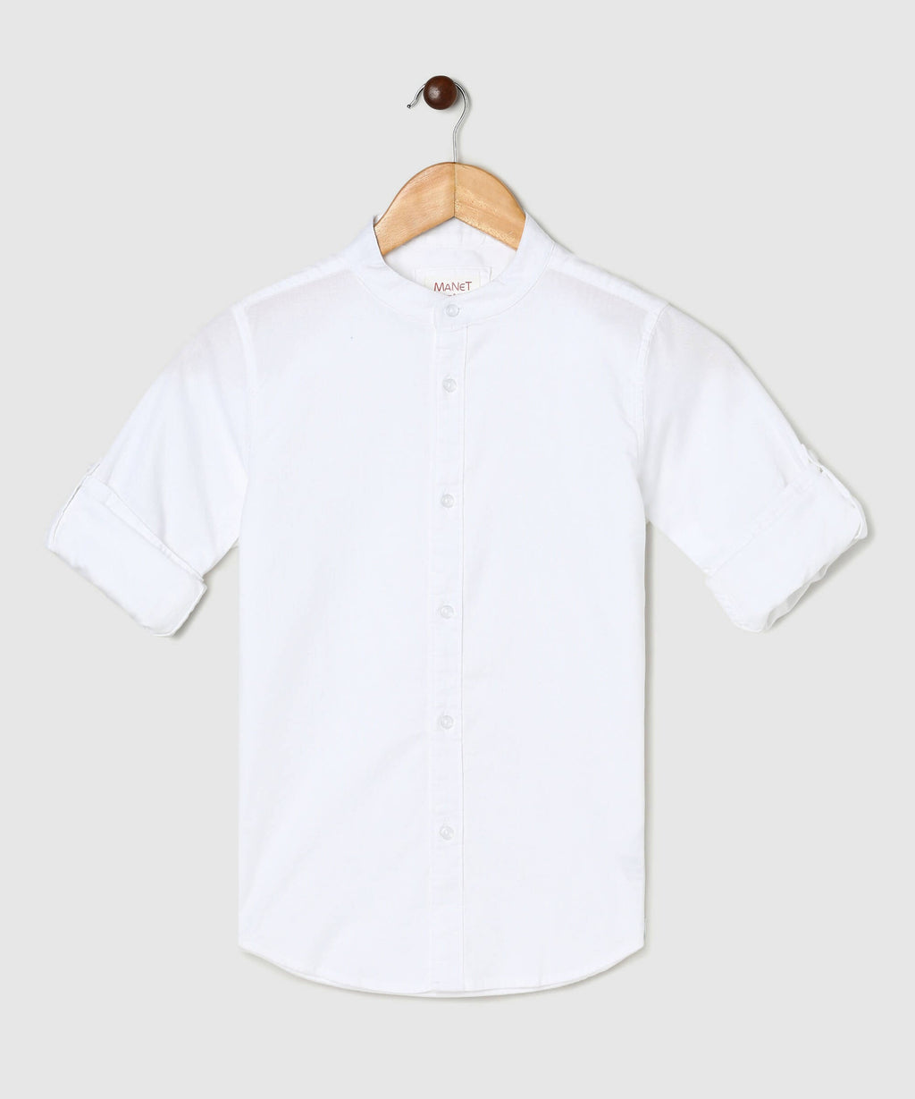 Manet Boys Mandarin Collar Full Sleeves Melange Shirt - White | Grocsy