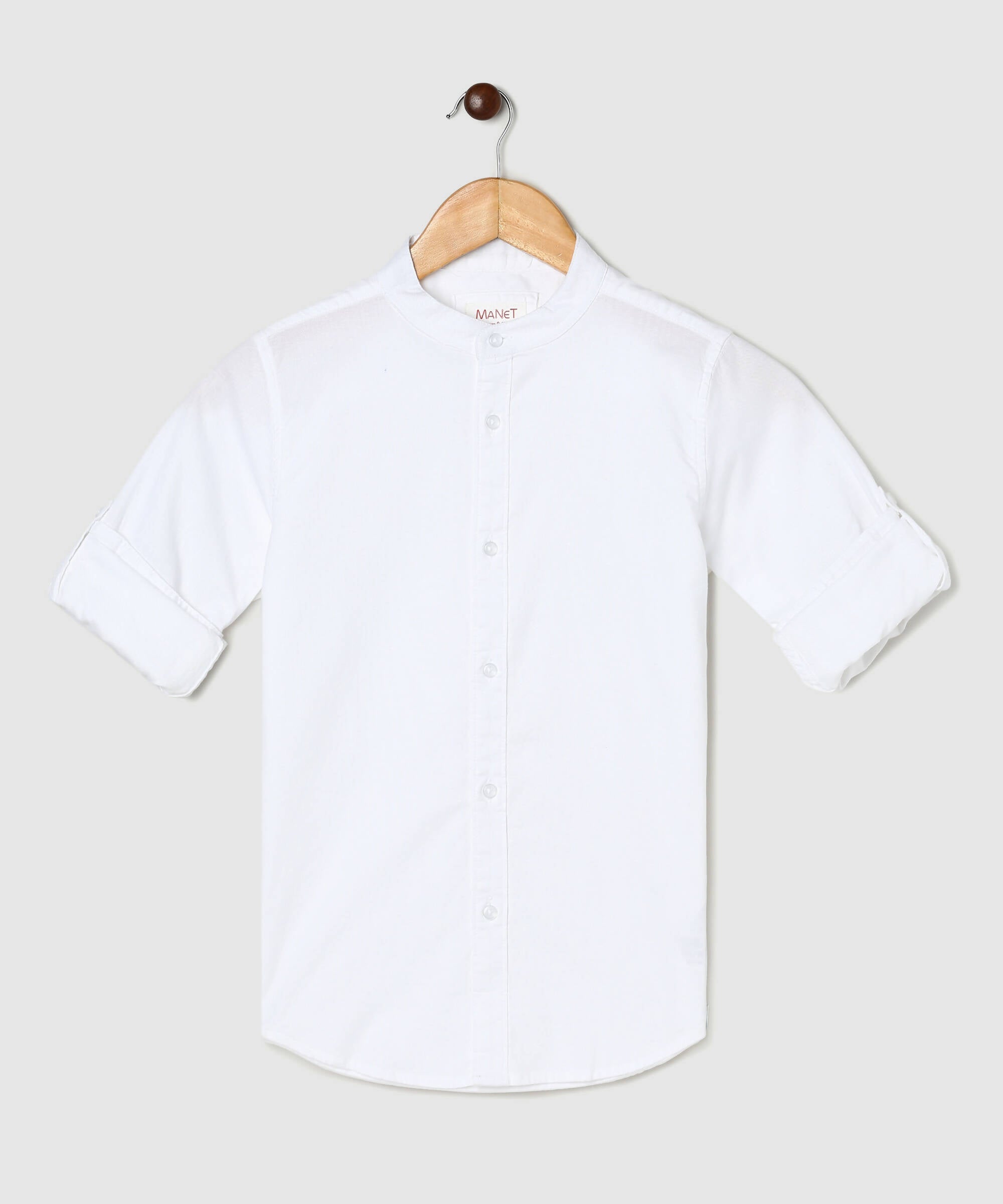 Manet Boys Mandarin Collar Full Sleeves Melange Shirt - White | Grocsy
