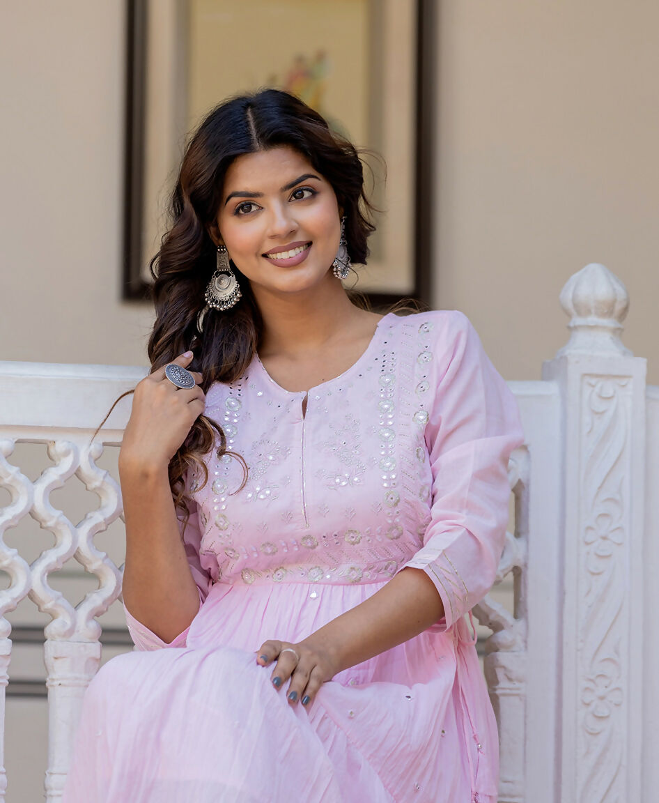 Kaajh Women's Light Pink Embroidered Ethnic Dress | Grocsy