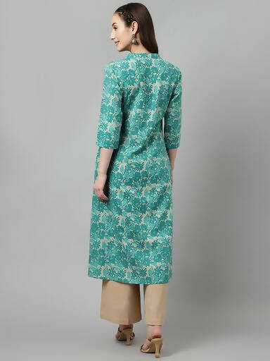 FIORRA Women's Floral Printed Teal Green Pure Cotton Straight Kurta | Grocsy