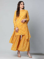 Ahalyaa Womens Mustard Georgette Gold Foil Printed Kurta Sharara Set With Dupatta | Grocsy