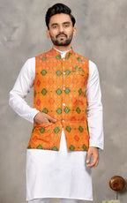 Anaita Orange Cotton Straight Kurta Pajama & Koti With Jequard Work | Grocsy