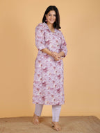 Aramya Straight Soft Cotton Gold foil Print Women's Kurta Set - Purple | Grocsy