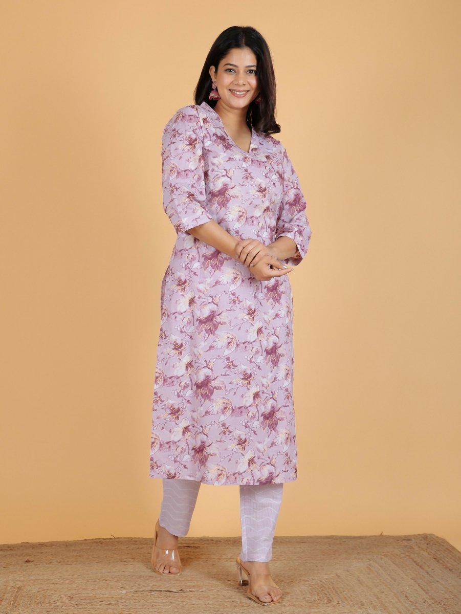 Aramya Straight Soft Cotton Gold foil Print Women's Kurta Set - Purple | Grocsy