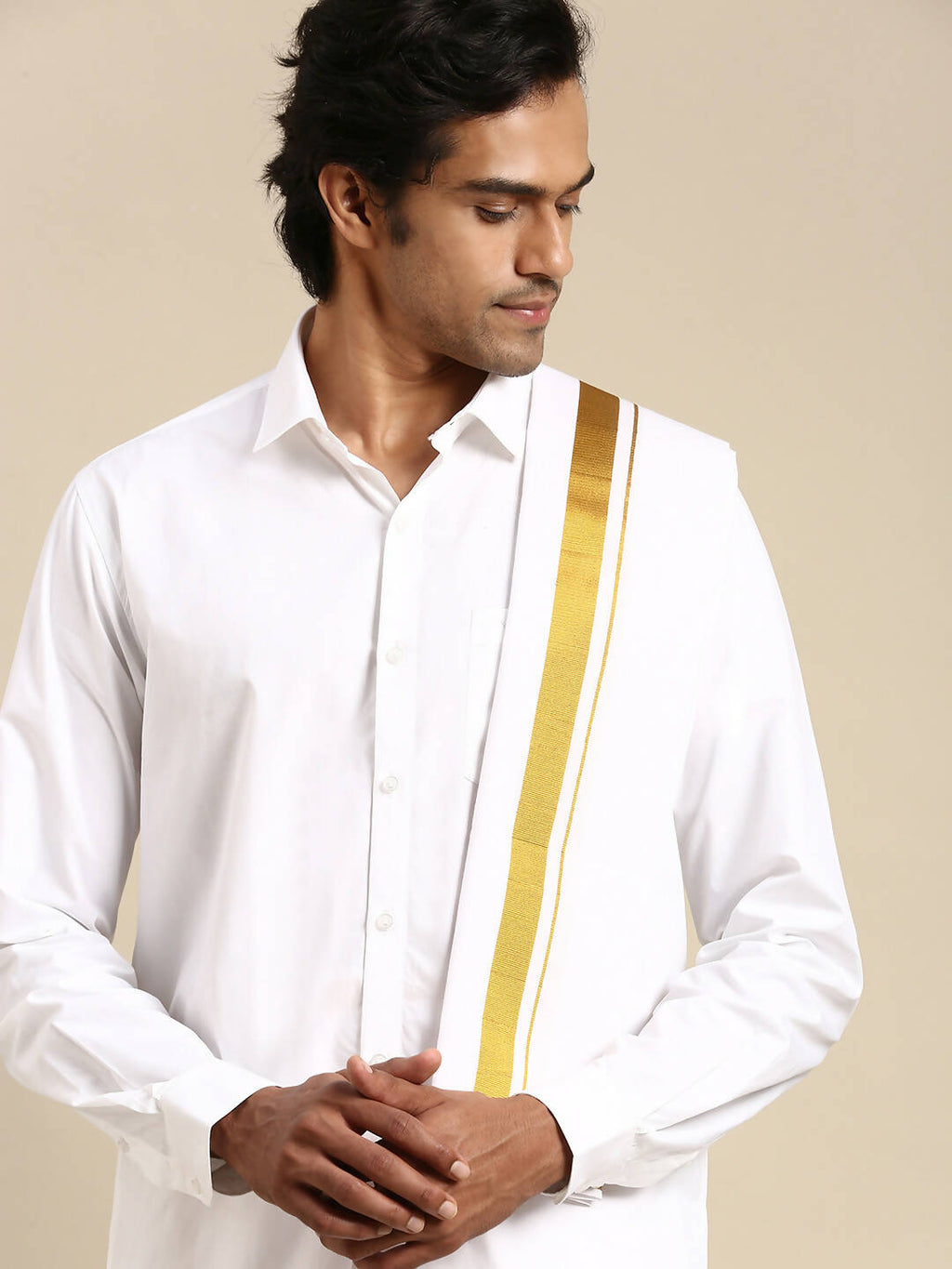 Ramraj Cotton Mens Wedding Set White Regular Dhoti, Shirt & Towel | Grocsy